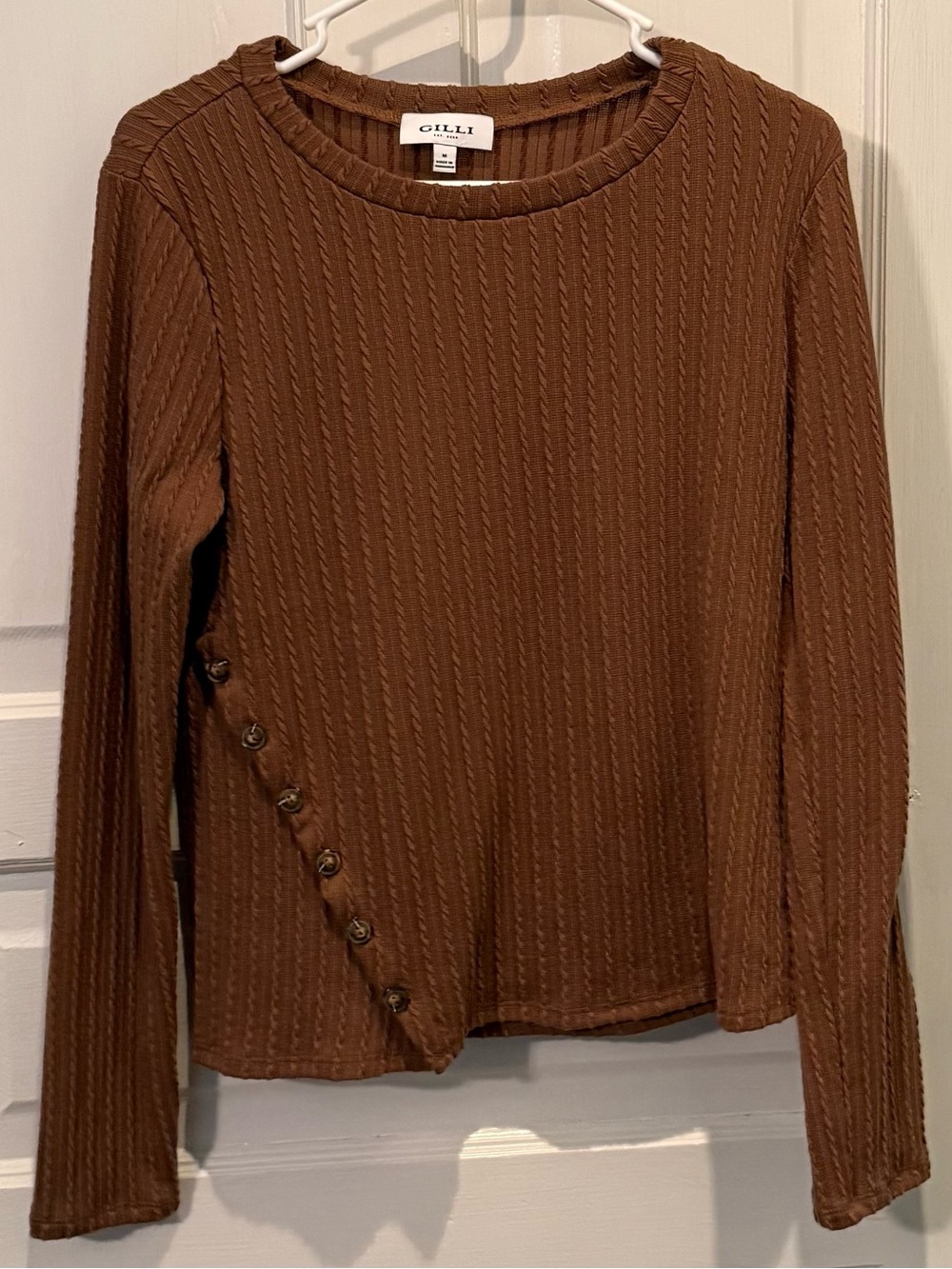 Gilli Brown Ribbed Long Sleeve Top with Side Button Detail